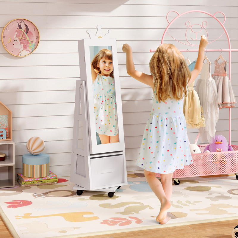 Kids Jewelry Armoire Cabinet With Swivel Base Lockable Wheels  Mirror Safe Spacious Jewelry Storage 2