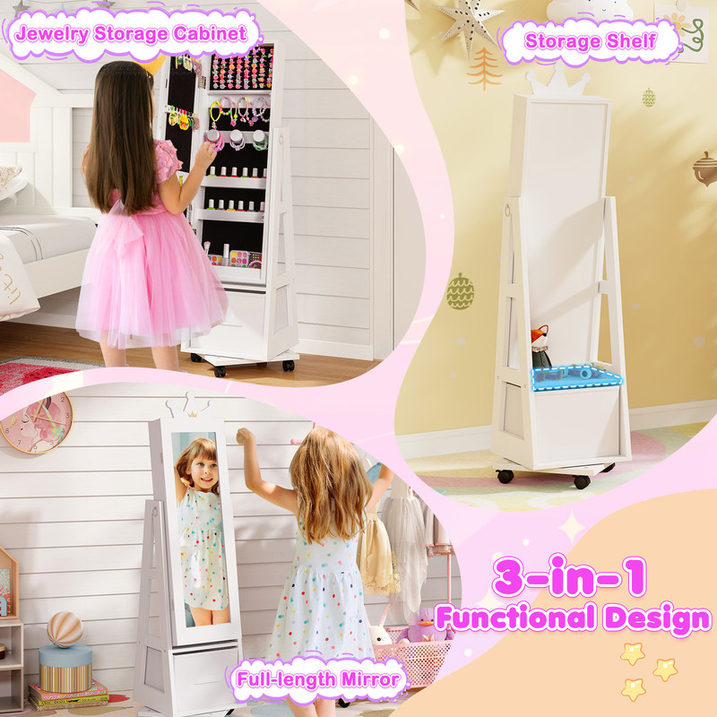 Kids Jewelry Armoire Cabinet With Swivel Base Lockable Wheels  Mirror Safe Spacious Jewelry Storage 4