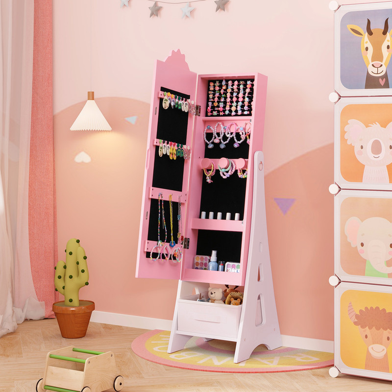Standing Kids Jewelry Cabinet Armoire With FullLength Mirror And Foldable Drawer Cute Storage Solut 1