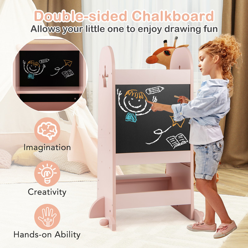Adjustable Kids Kitchen Tower With Chalkboard And Safety Rail Wooden Montessori Standing Step Stool 4