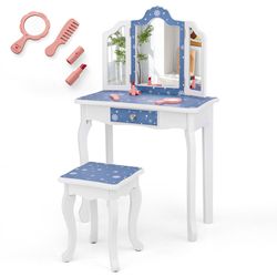 kids vanity set, princess pretend play makeup table and stool with tri-folding mirror, drawer storage & accessories