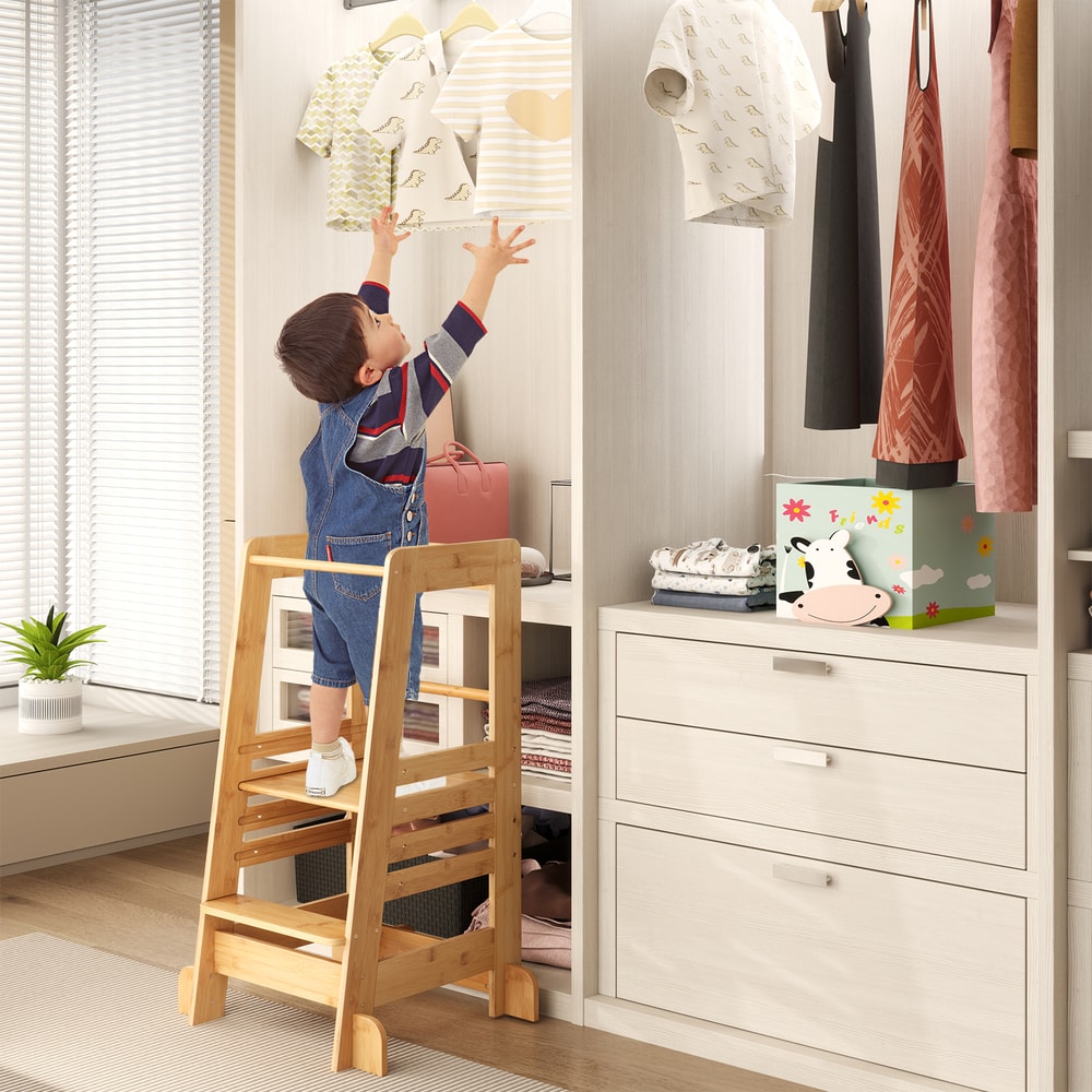 Adjustable Height Bamboo Step Stool For Kids Kitchen Helper Tower With Safety Rails For Ages 18 Mon 7