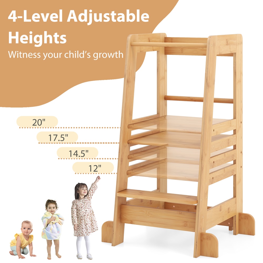Adjustable Height Bamboo Step Stool For Kids Kitchen Helper Tower With Safety Rails For Ages 18 Mon 3