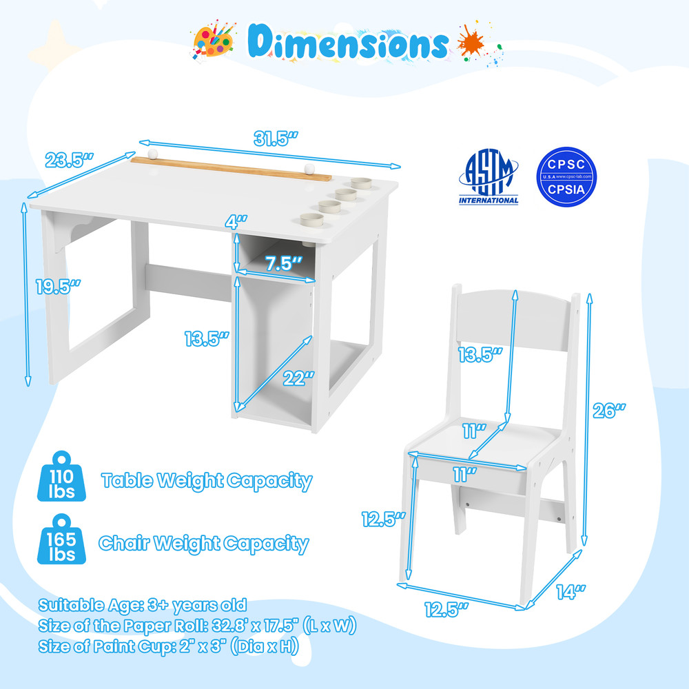 Toddler Art Table Set Kids Craft Desk With Chair Paper Roll Storage Perfect Drawing Activity Stat 5