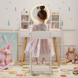 lighted mirror kids vanity set with storage drawers, safe, stylish & gift-ready