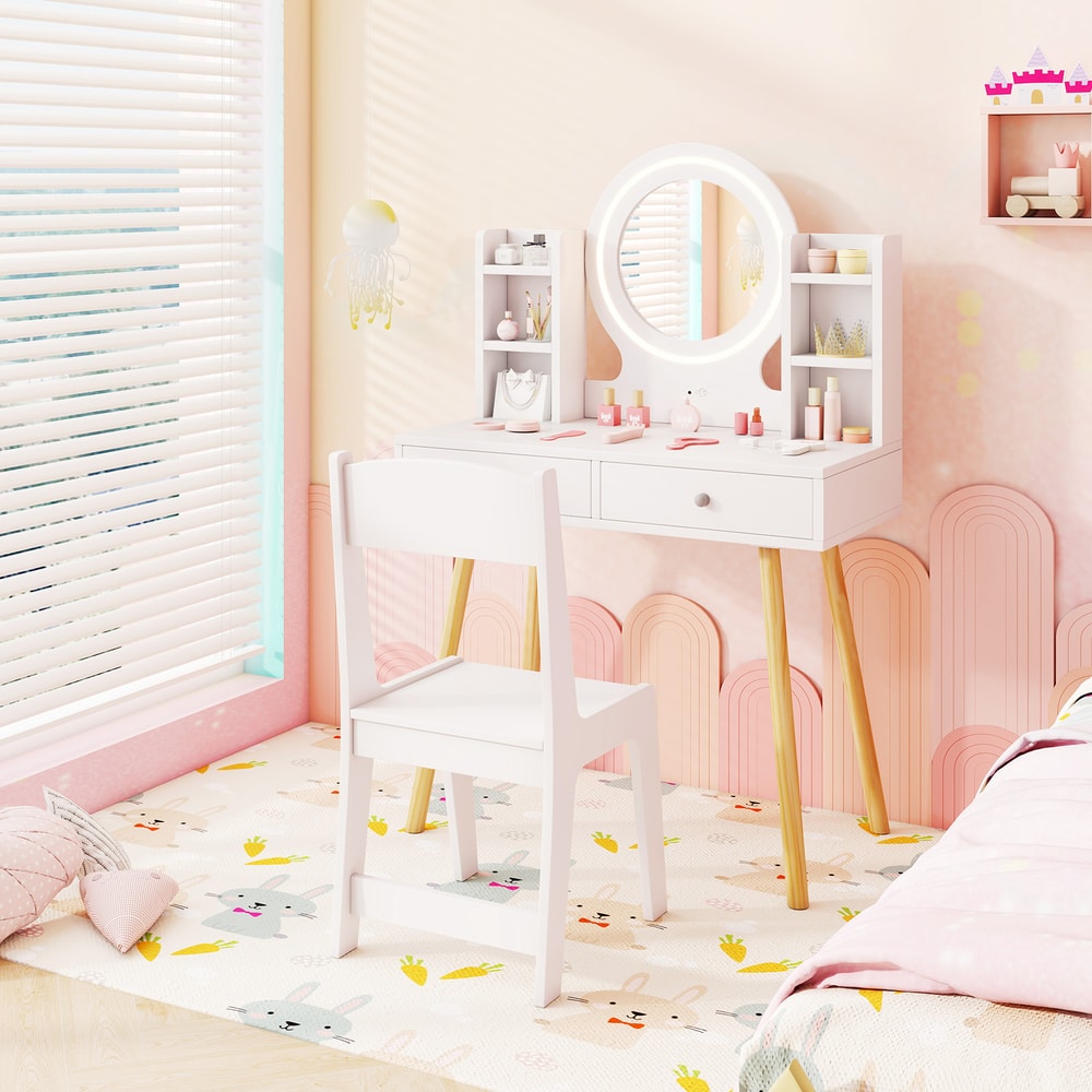 Lighted Mirror Kids Vanity Set With Storage Drawers Safe Stylish GiftReady 7