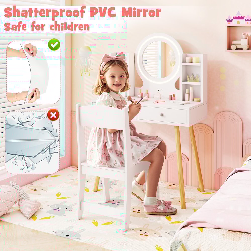 Lighted Mirror Kids Vanity Set With Storage Drawers Safe Stylish GiftReady 2