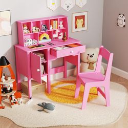 kids study desk and chair set with hutch & storage cabinet, safe, spacious learning space for ages 3+