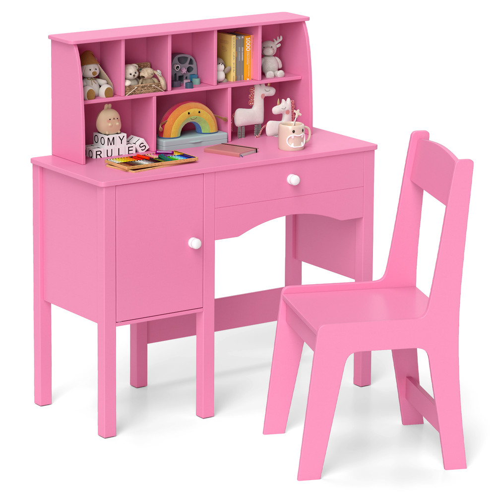 Kids Study Desk And Chair Set With Hutch Storage Cabinet Safe Spacious Learning Space For Ages 3 7