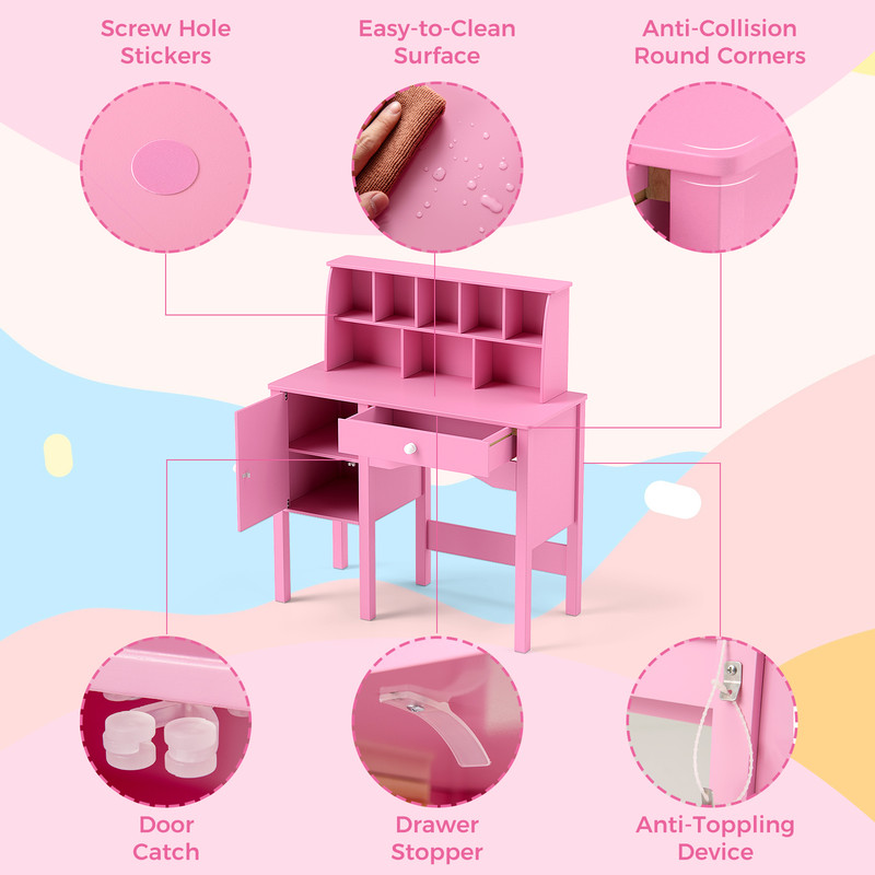 Kids Study Desk And Chair Set With Hutch Storage Cabinet Safe Spacious Learning Space For Ages 3 4