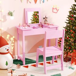 flip top mirror kids vanity set, 2-in-1 makeup table & activity desk with chair for pretend play