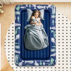 inflatable toddler travel bed with electric pump & raised bed rails, portable, safe & 2-in-1 play space