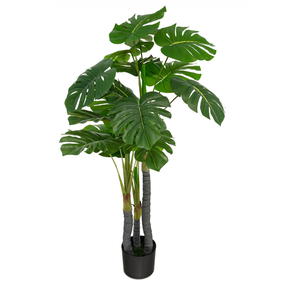 Artificial Monstera Palm Tree,4 Ft Tall Lifelike Fake Plant with Cement Pot, No Maintenance Needed