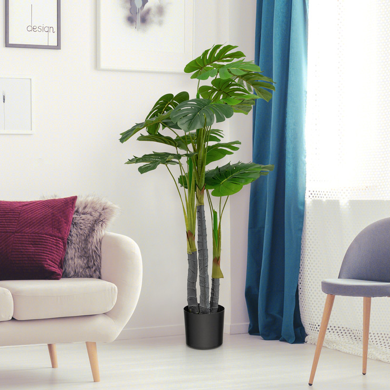 Artificial Monstera Palm Tree,4 Ft Tall Lifelike Fake Plant with Cement Pot, No Maintenance Needed