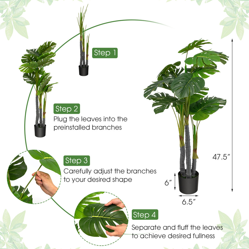 Artificial Monstera Palm Tree,4 Ft Tall Lifelike Fake Plant with Cement Pot, No Maintenance Needed
