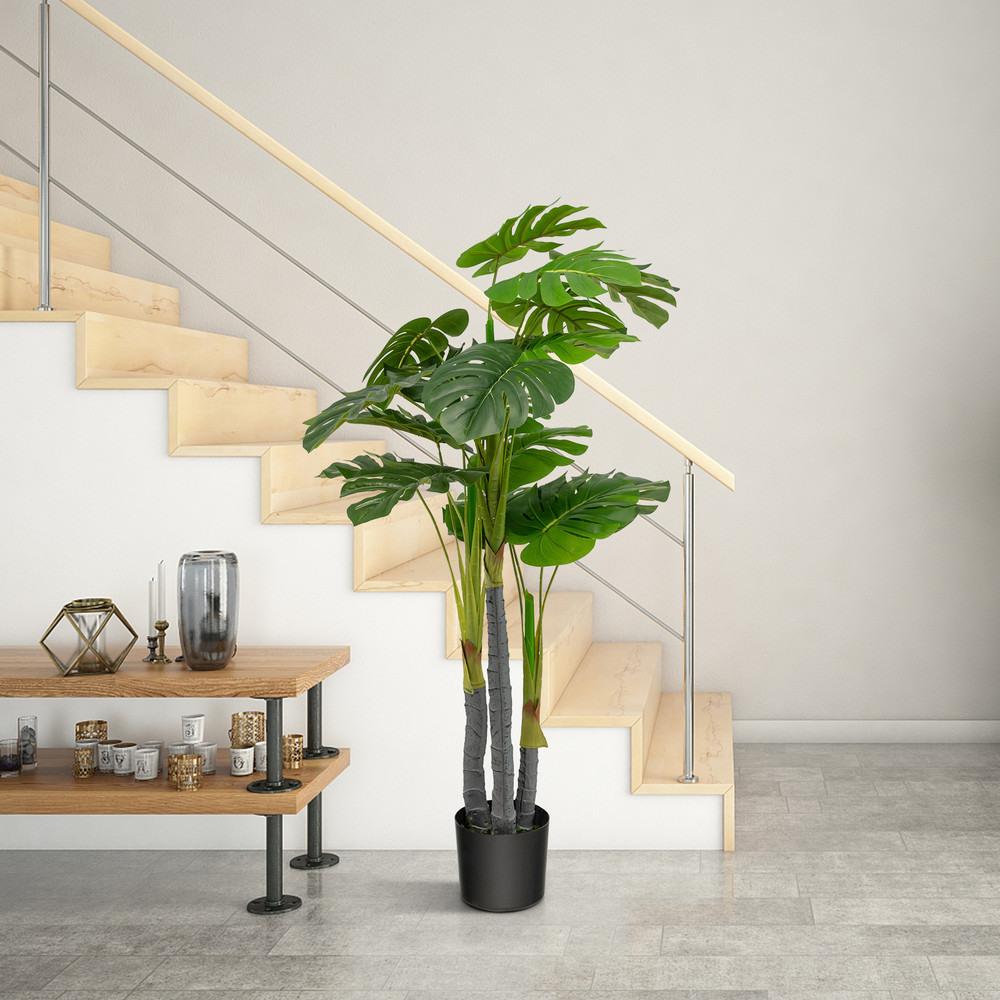 Artificial Monstera Palm Tree,4 Ft Tall Lifelike Fake Plant with Cement Pot, No Maintenance Needed