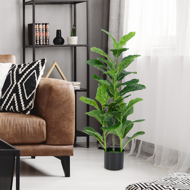 Artificial Fiddle Leaf Fig Tree Set, Lifelike Faux Plants with Cement Pot, No Maintenance Needed