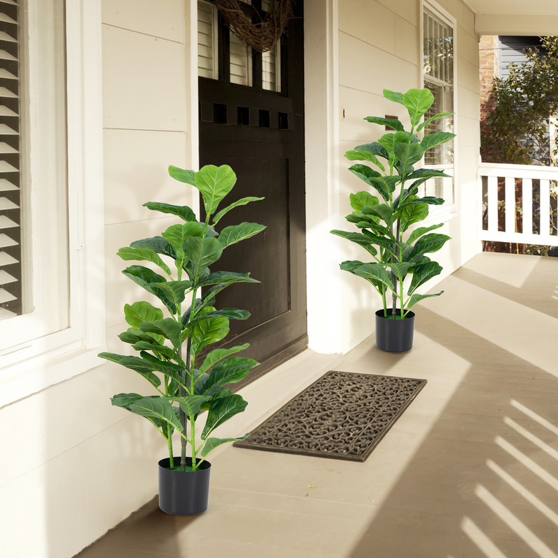 Artificial Fiddle Leaf Fig Tree Set, Lifelike Faux Plants with Cement Pot, No Maintenance Needed