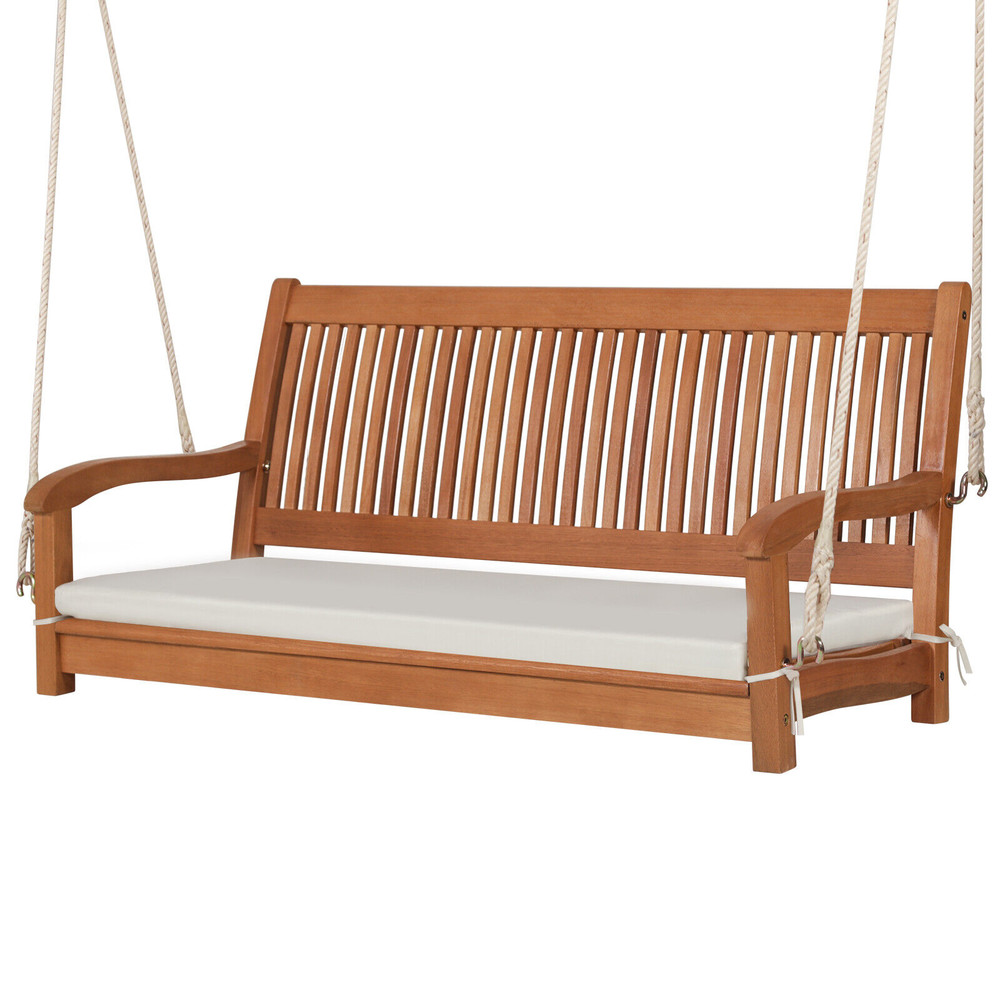 Outdoor Hanging Swing Bench for 2 800 lb Capacity Wooden Porch Swing with Comfortable Cushion & Durable Ropes