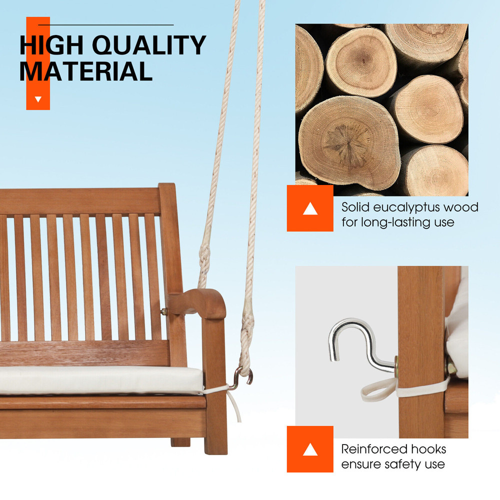 Outdoor Hanging Swing Bench for 2 800 lb Capacity Wooden Porch Swing with Comfortable Cushion & Durable Ropes