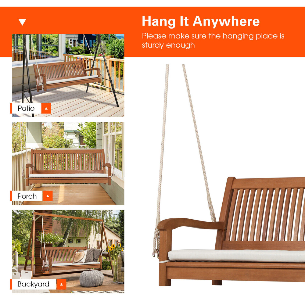 Outdoor Hanging Swing Bench for 2 800 lb Capacity Wooden Porch Swing with Comfortable Cushion & Durable Ropes