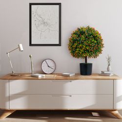 artificial boxwood topiary ball trees, lifelike faux plants with orange fruit for indoor outdoor decor