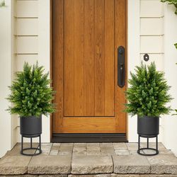 artificial cedar topiary set, uv resistant ball trees, no maintenance needed with weighted cement base