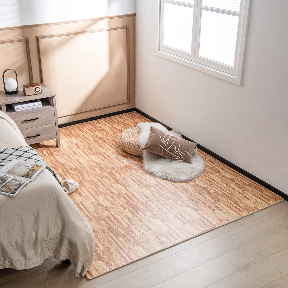 12 Tiles Wood Grain Foam Floor Mats with Borders – Interlocking, Waterproof & Non-Slip Flooring for Home & Gym