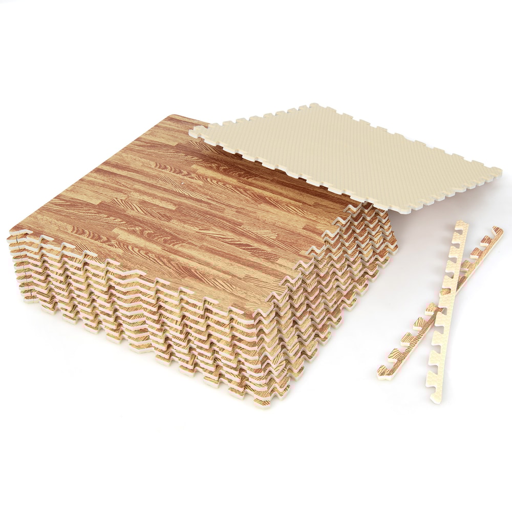 12 Tiles Wood Grain Foam Floor Mats with Borders – Interlocking, Waterproof & Non-Slip Flooring for Home & Gym