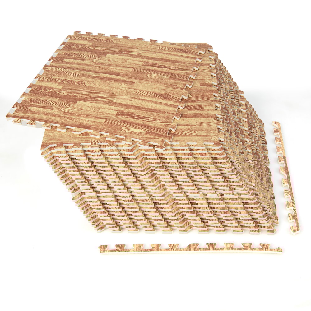 12 Tiles Wood Grain Foam Floor Mats with Borders – Interlocking, Waterproof & Non-Slip Flooring for Home & Gym