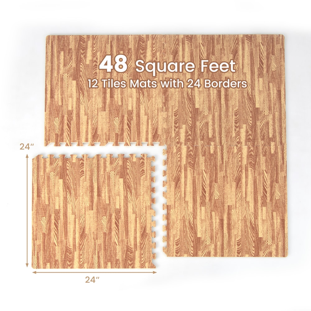 12 Tiles Wood Grain Foam Floor Mats with Borders – Interlocking, Waterproof & Non-Slip Flooring for Home & Gym