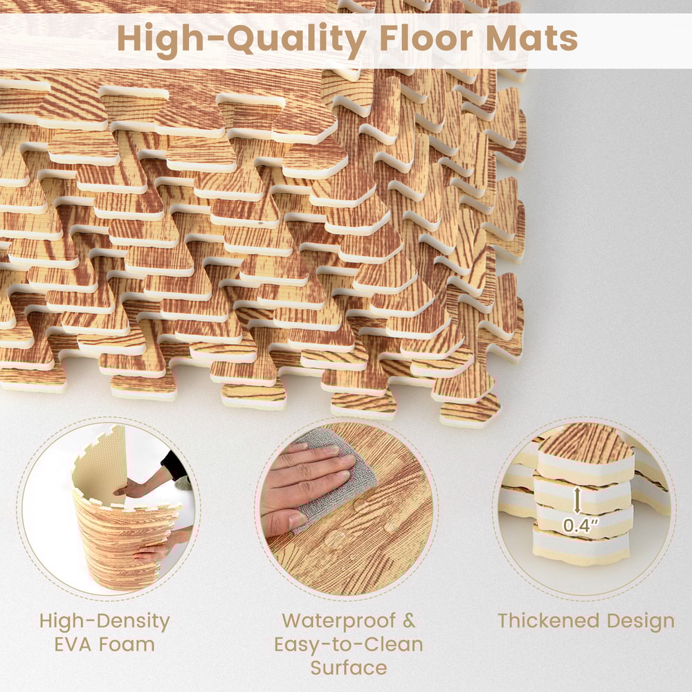 12 Tiles Wood Grain Foam Floor Mats with Borders – Interlocking, Waterproof & Non-Slip Flooring for Home & Gym