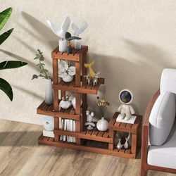 6 tier wood plant stand with high low structure – multi-tiered shelf for indoor/outdoor plants