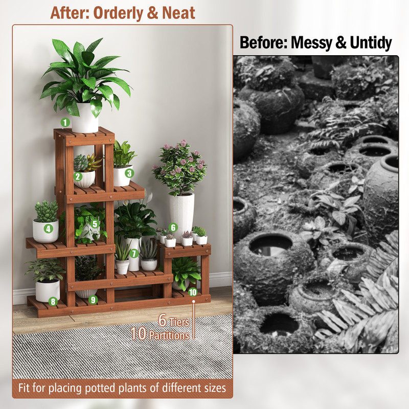 6 Tier Wood Plant Stand with High Low Structure – Multi-Tiered Shelf for Indoor/Outdoor Plants