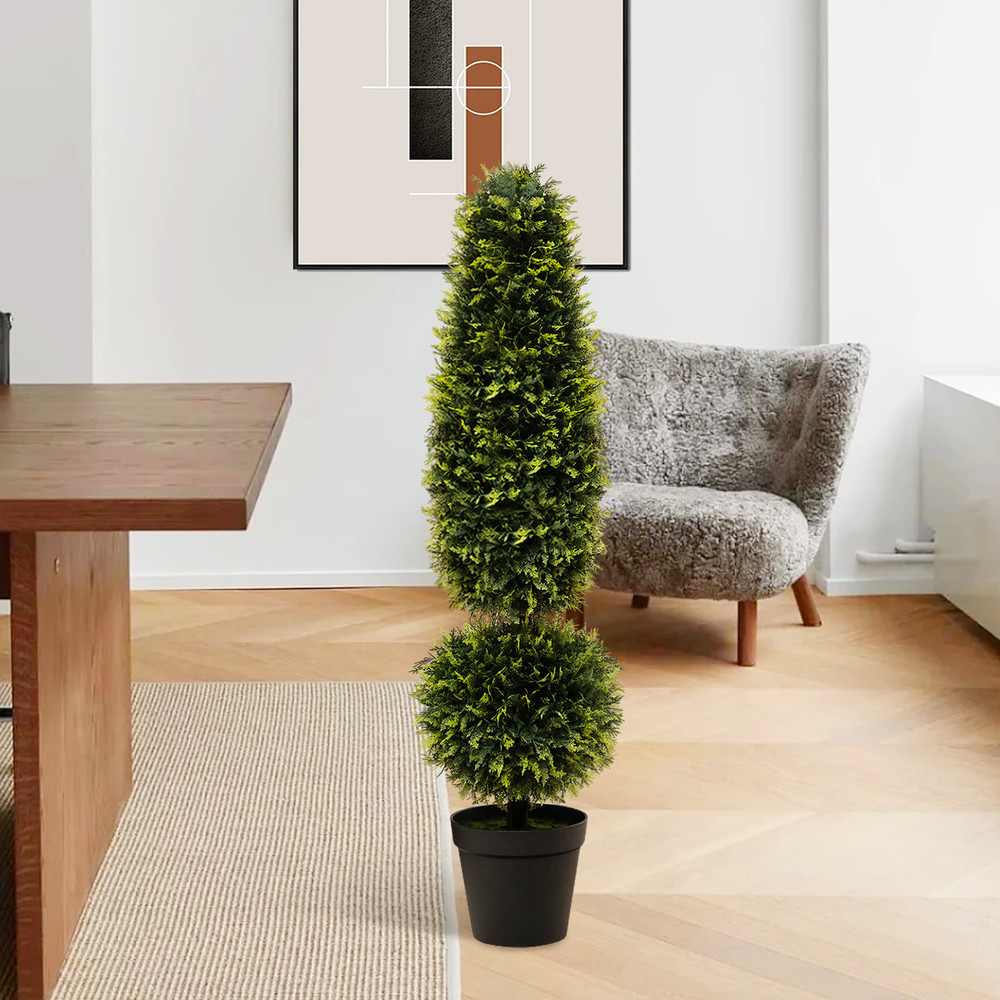 4 Feet Artificial Boxwood Topiary Tree with Natural Vines & PE Leaves – UV-Resistant Outdoor/Indoor Faux Plant