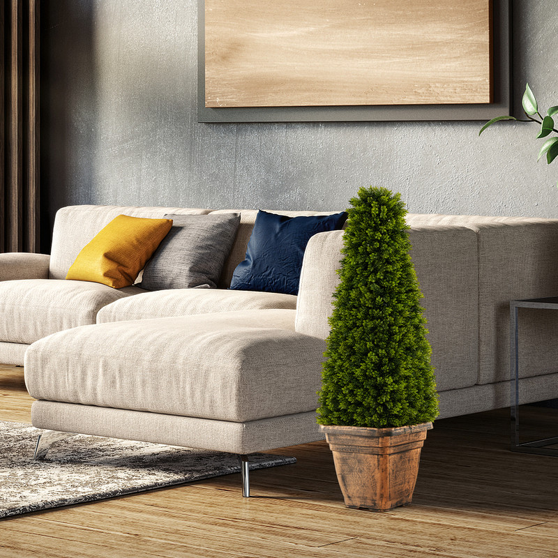 3 Feet Artificial Boxwood Topiary Tree with Cement Flowerpot – Realistic Outdoor/Indoor Decor