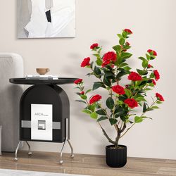 38 inch artificial camellia tree, faux flower plant in cement pot with realistic silk flowers & pebble decor