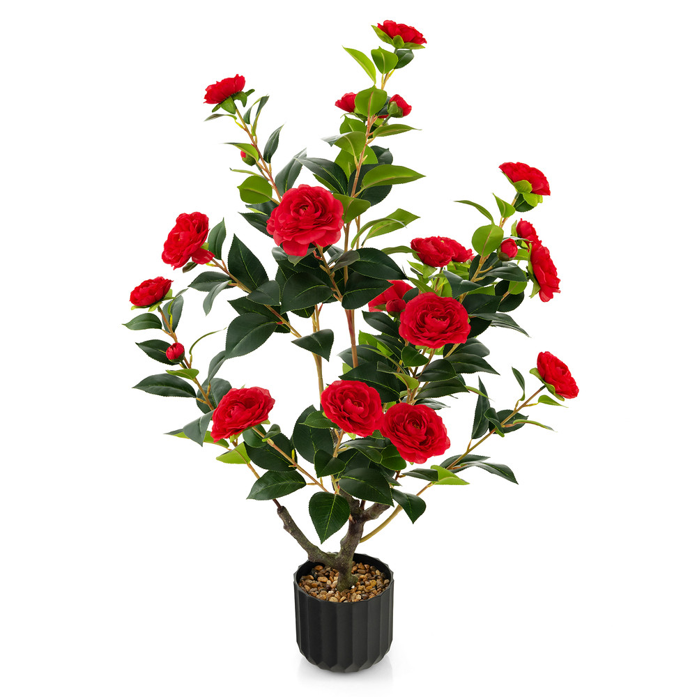 38 Inch Artificial Camellia Tree Faux Flower Plant In Cement Pot With Realistic Silk Flowers Pebbl 3