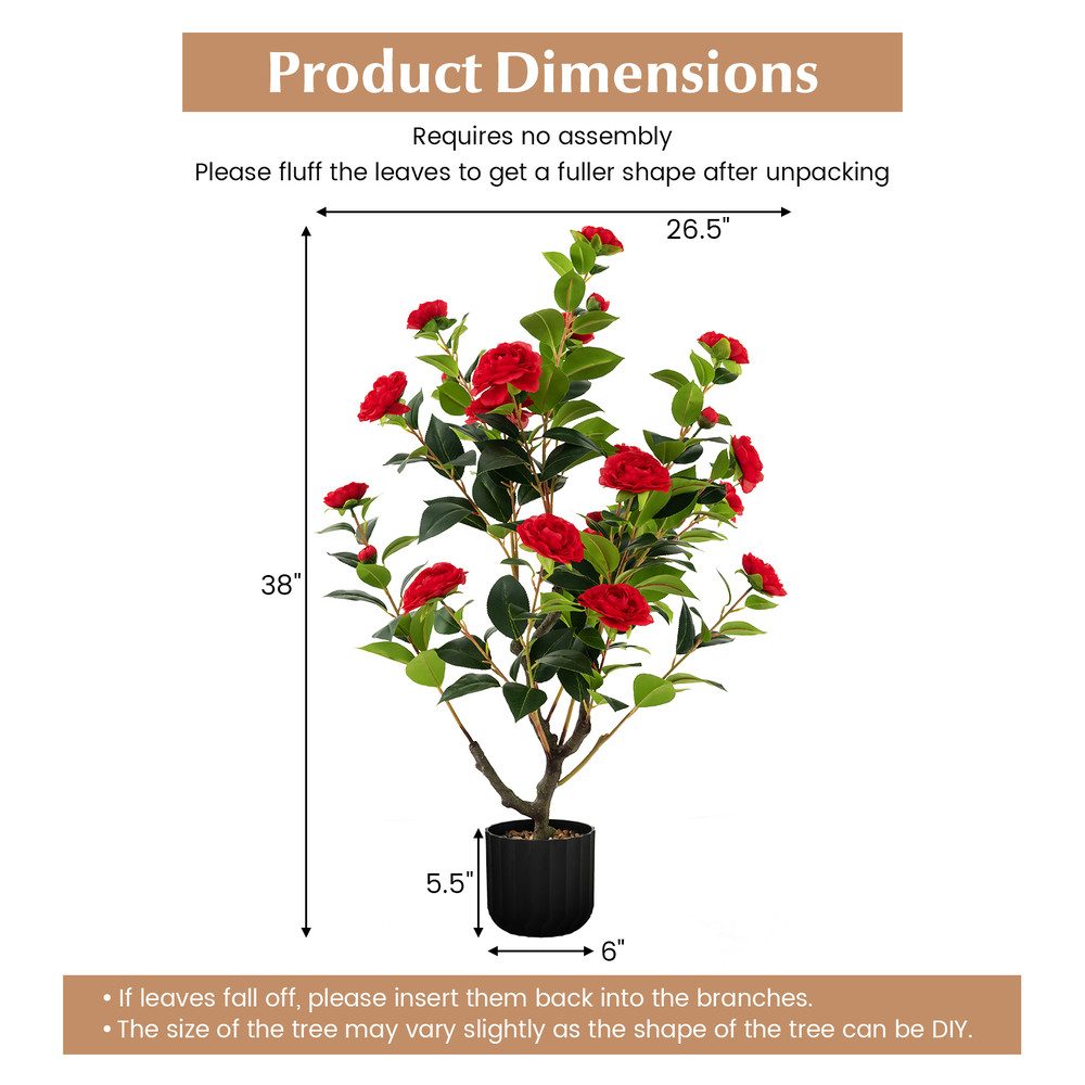 38 Inch Artificial Camellia Tree Faux Flower Plant In Cement Pot With Realistic Silk Flowers Pebbl 4