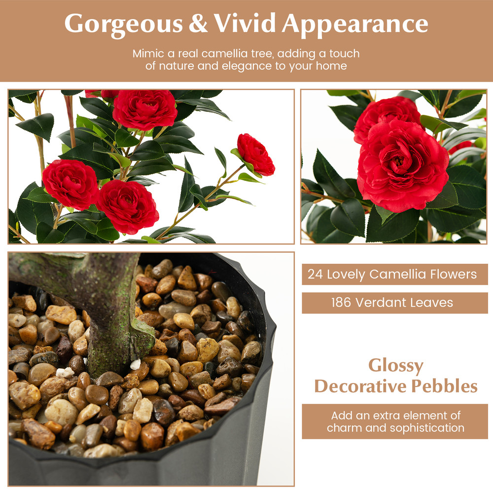 38 Inch Artificial Camellia Tree Faux Flower Plant In Cement Pot With Realistic Silk Flowers Pebbl 6