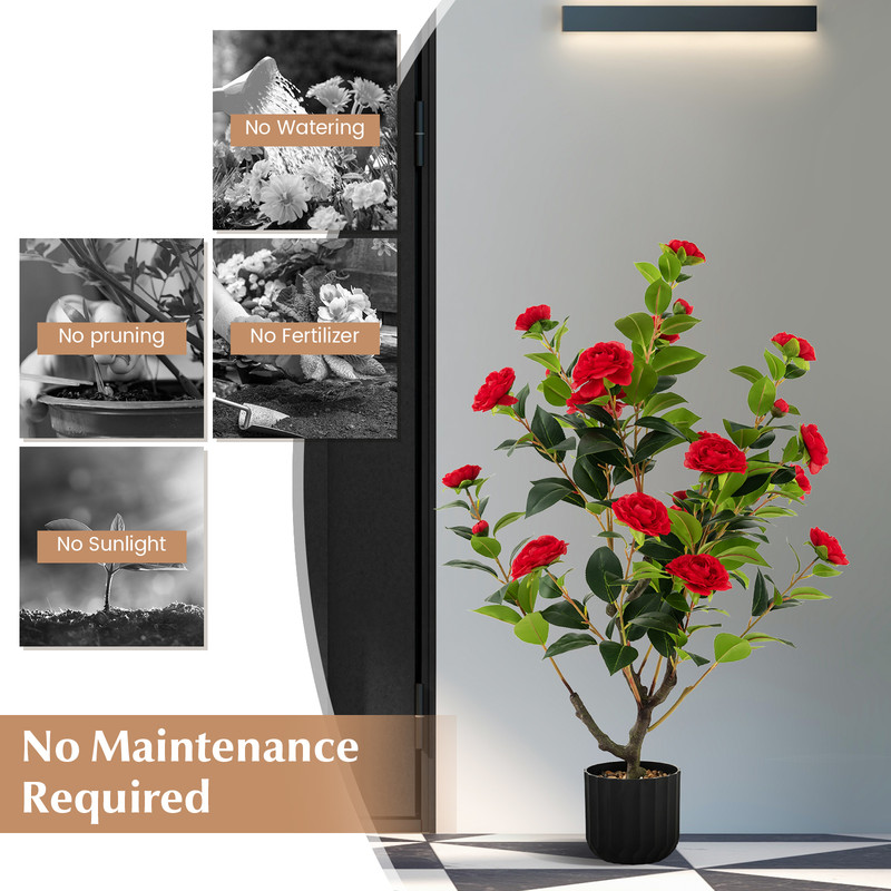 38 Inch Artificial Camellia Tree Faux Flower Plant In Cement Pot With Realistic Silk Flowers Pebbl 7