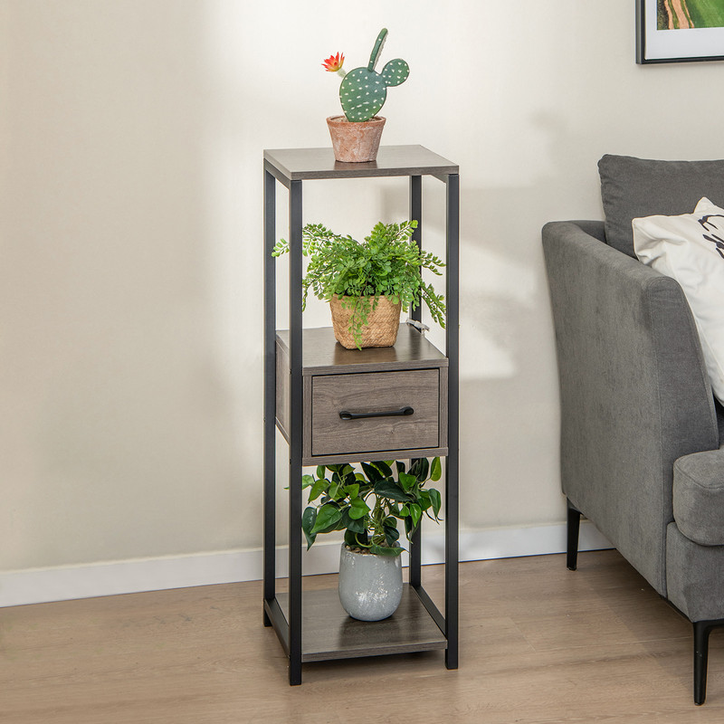 3 Tier Tall Metal Plant Stand with Drawer for Balcony, Office Multi Tier Storage Shelf for Plants, Books & Decor