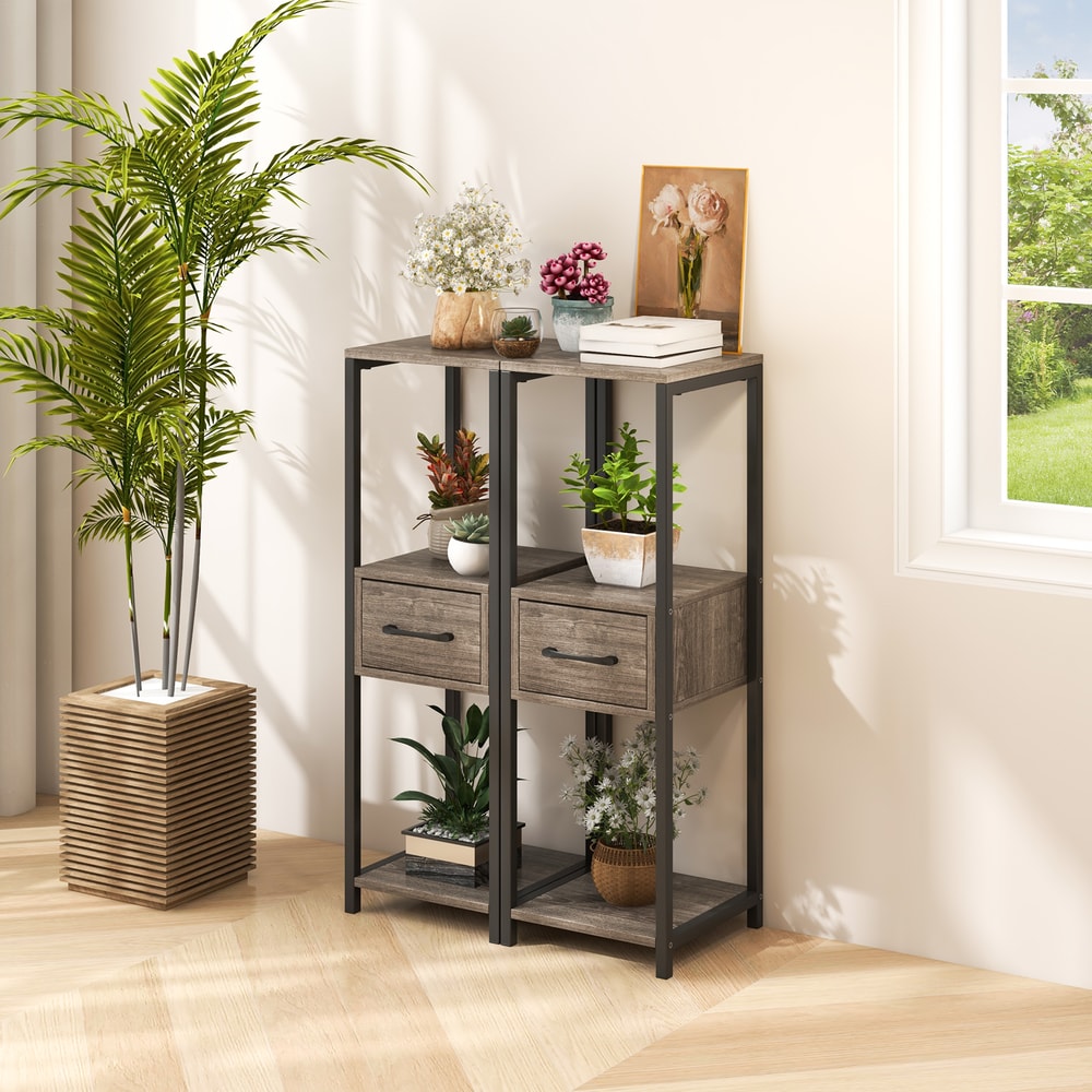 2 Pack 3 Tier Tall Metal Plant Stand with Drawer and Display Shelf Space-Saving Storage for Plants, Books & Decor