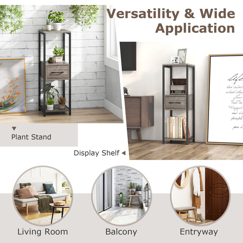 3 Tier Tall Metal Plant Stand with Drawer for Balcony, Office Multi Tier Storage Shelf for Plants, Books & Decor