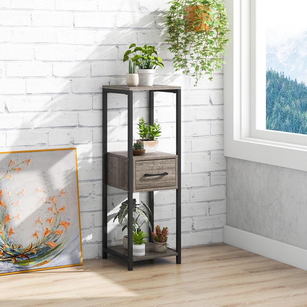 2 Pack 3 Tier Tall Metal Plant Stand with Drawer and Display Shelf Space-Saving Storage for Plants, Books & Decor