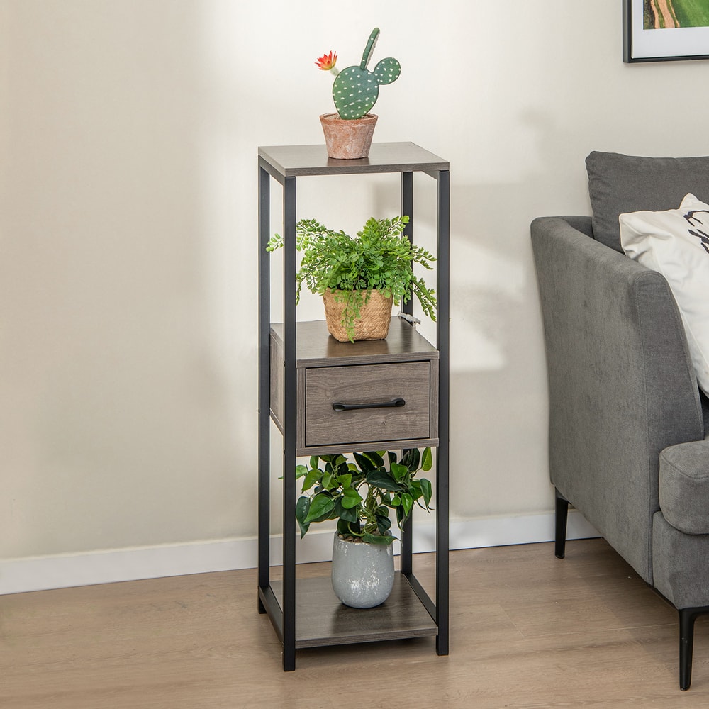 2 Pack 3 Tier Tall Metal Plant Stand with Drawer and Display Shelf Space-Saving Storage for Plants, Books & Decor