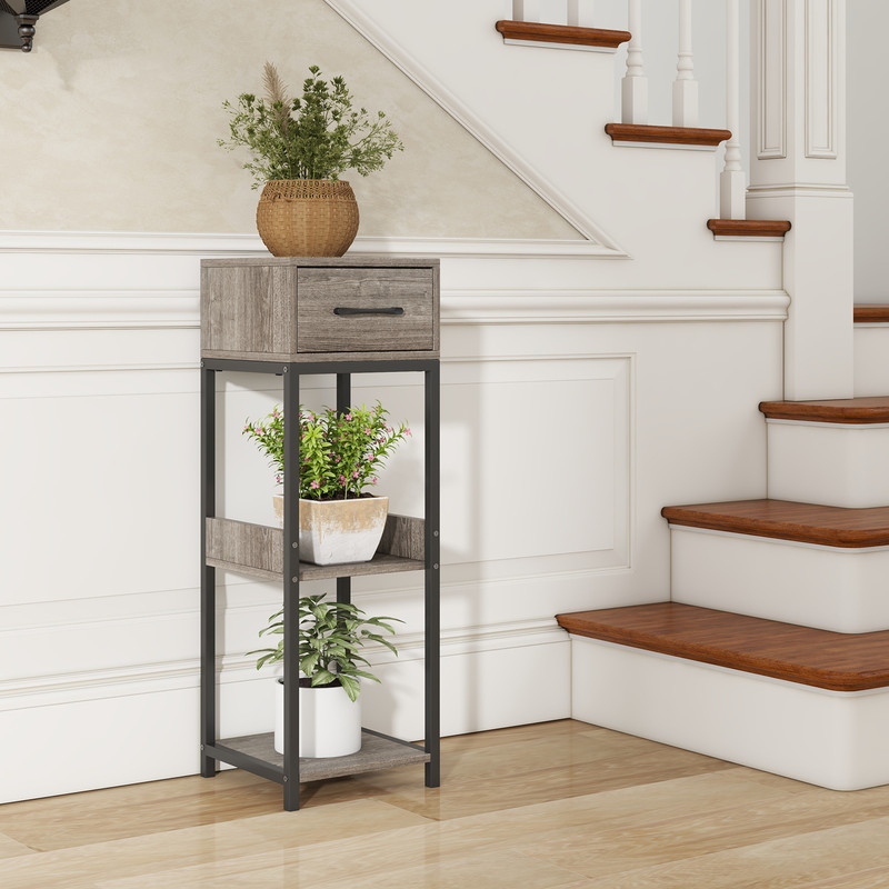 3 Tier Tall Plant Stand with Drawer & Anti-Tipping Devices Sturdy Metal Display Shelf for Indoor Plants