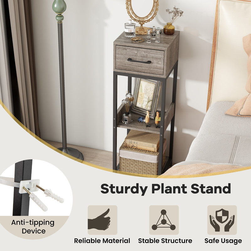 3 Tier Tall Plant Stand with Drawer & Anti-Tipping Devices Sturdy Metal Display Shelf for Indoor Plants