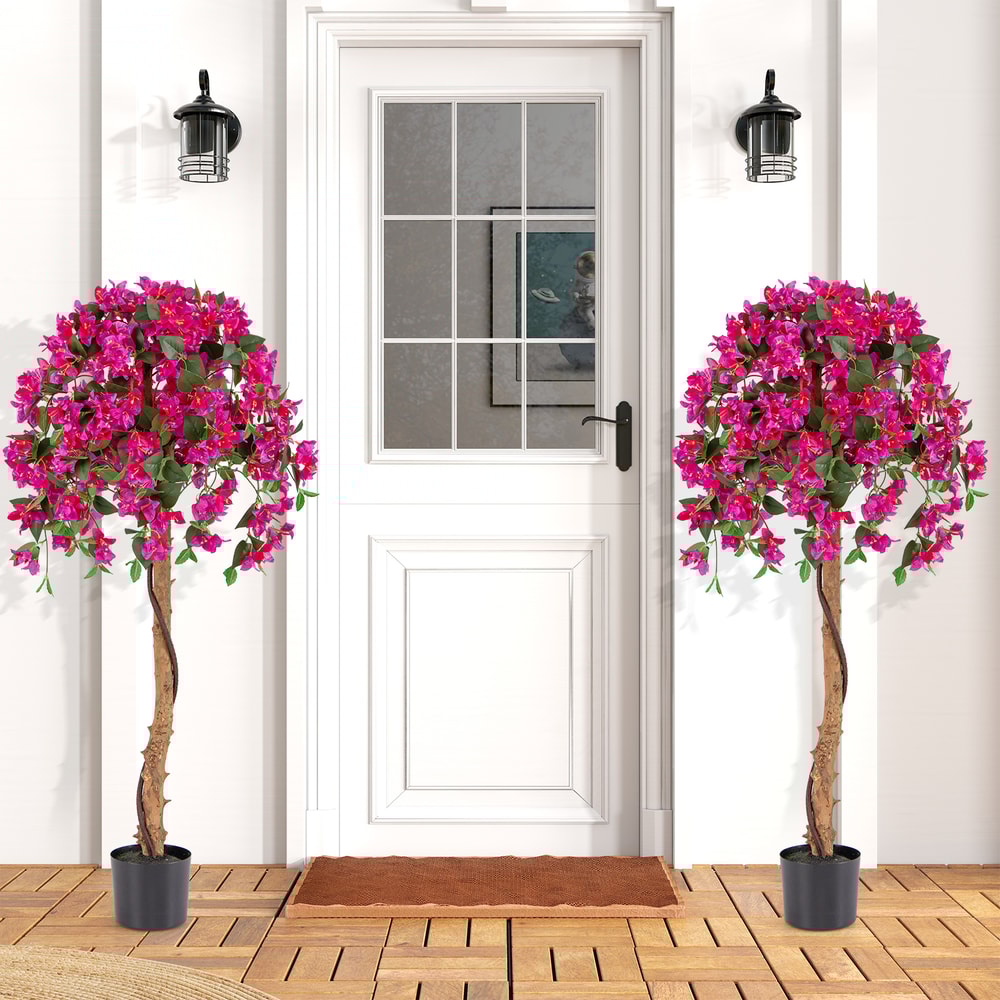 Set of 2 4.5 Feet Artificial Azalea Tree with Cement Pot Lifelike Silk Flowers & Real Wood Trunk