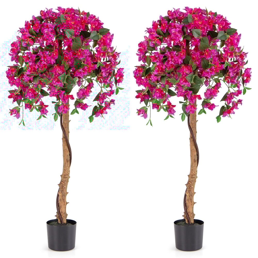 Set of 2 4.5 Feet Artificial Azalea Tree with Cement Pot Lifelike Silk Flowers & Real Wood Trunk